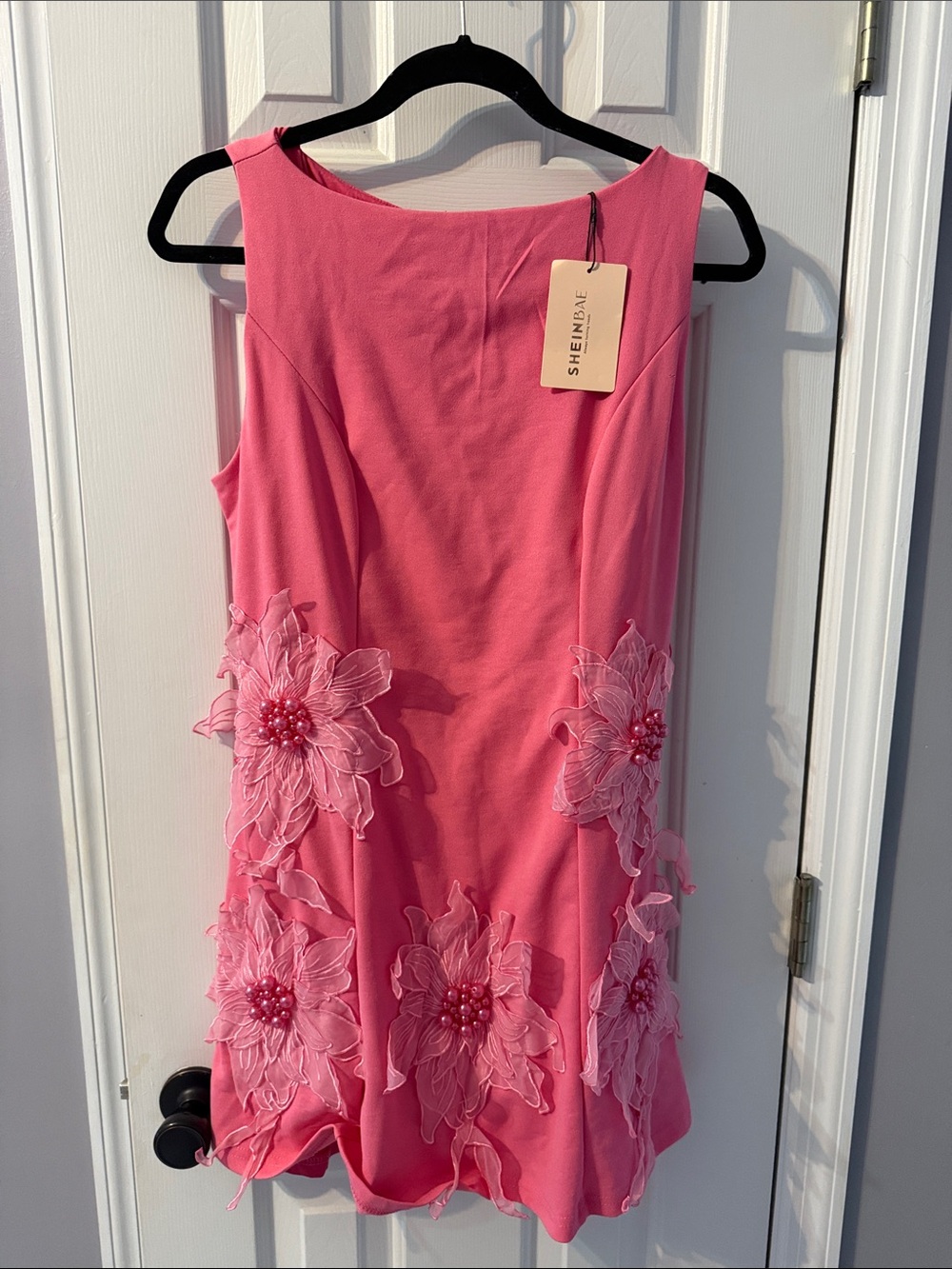 SHEIN Hot Pink Floral Appliqué Mini Dress